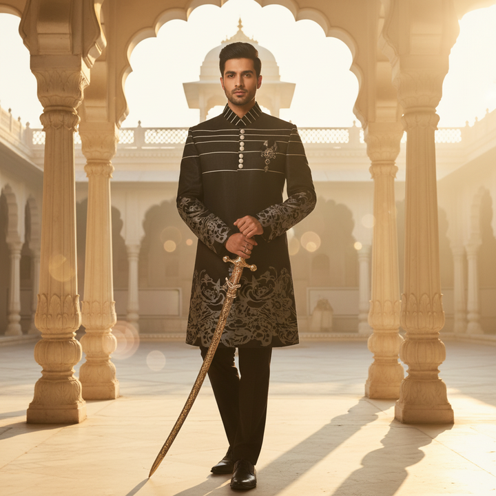 Kuberan Black Sherwani with Silver Floral Motifs