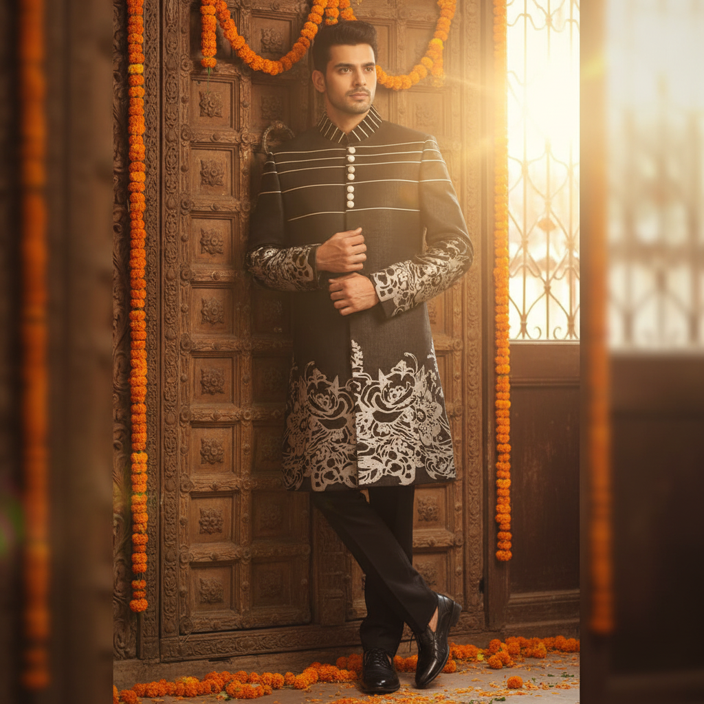 Kuberan Black Sherwani with Silver Floral Motifs