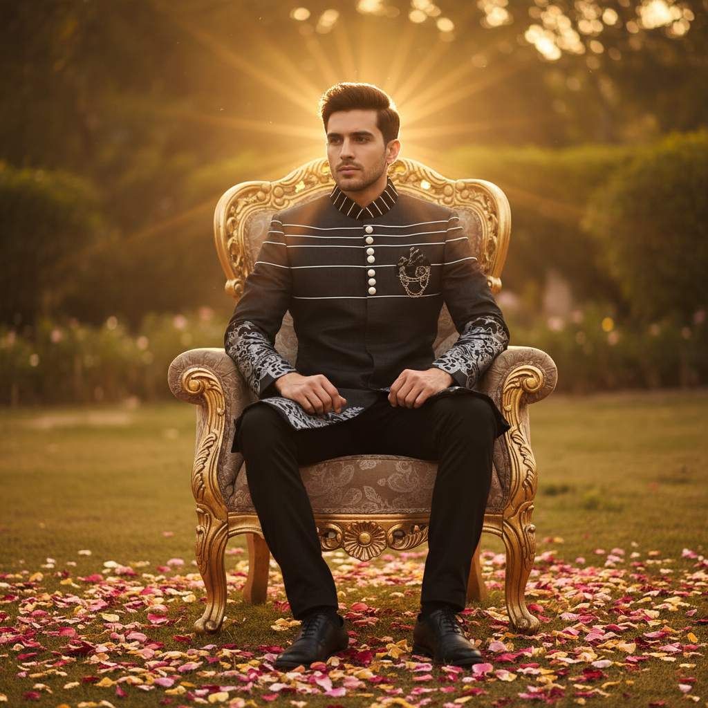 Kuberan Black Sherwani with Silver Floral Motifs