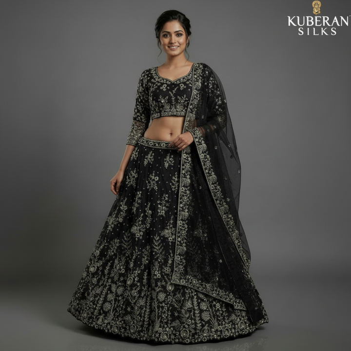 Kuberan unstitched Black Embroidered Net Lehenga