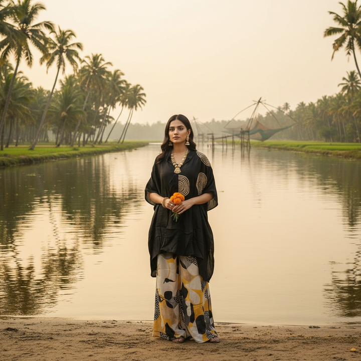 Kuberan Black Spiral Kurta & Abstract Palazzo Co-ord Set