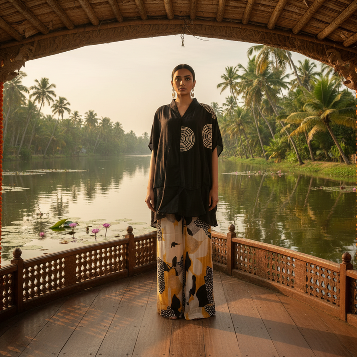 Kuberan Black Spiral Kurta & Abstract Palazzo Co-ord Set