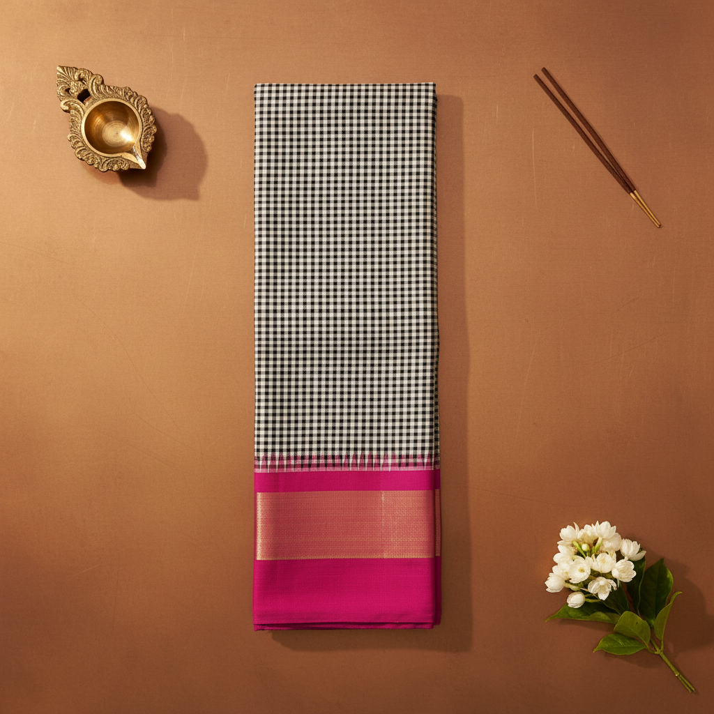 kuberan Black & White Check Kanchipuram Silk Saree with Magenta Border