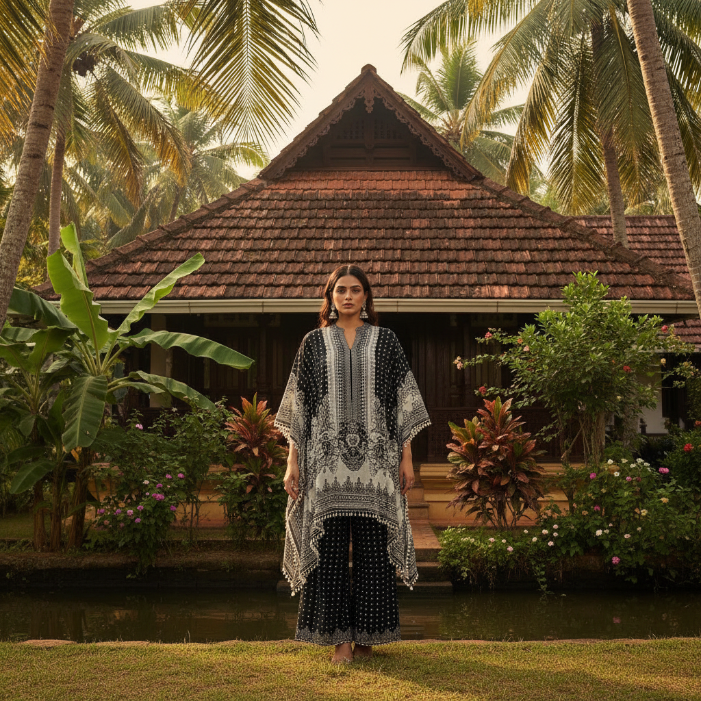 Kuberan Black & White Printed Kaftan Set