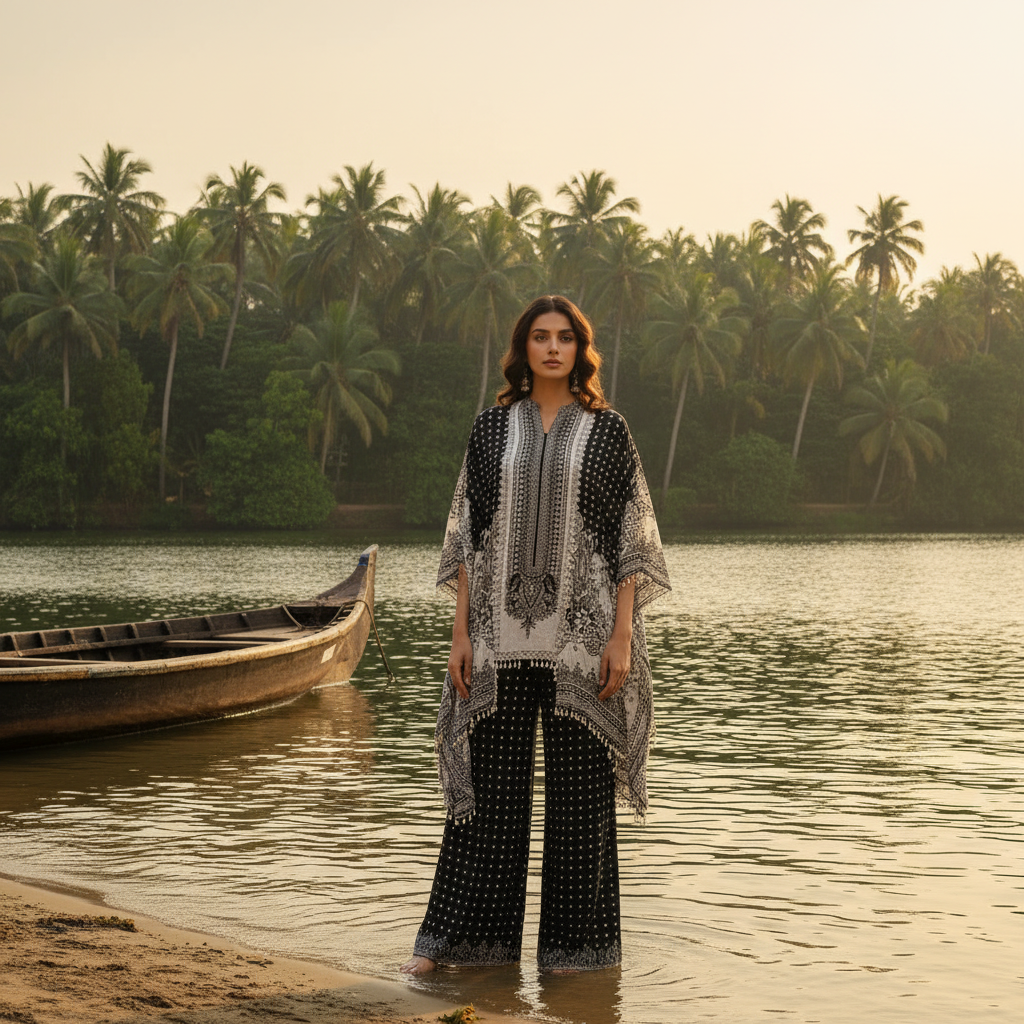 Kuberan Black & White Printed Kaftan Set