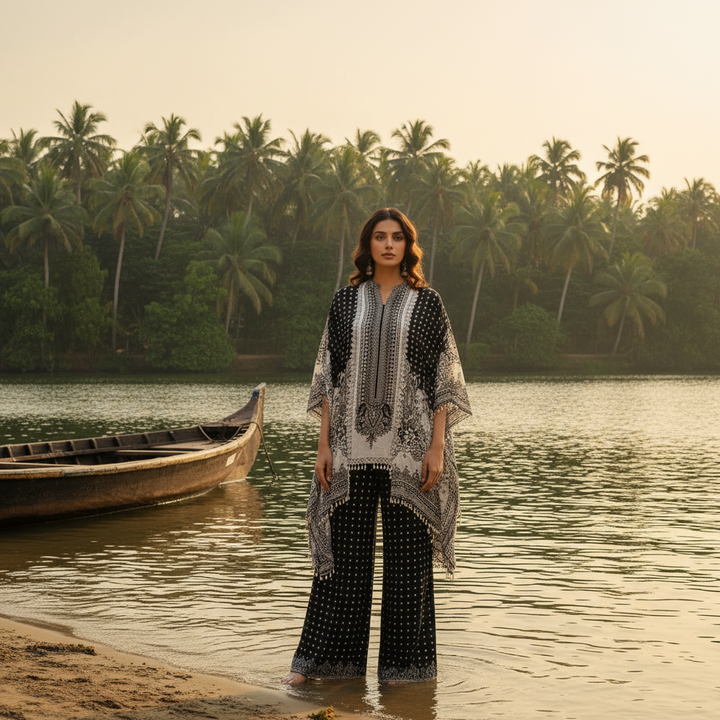 Kuberan Black & White Printed Kaftan Set