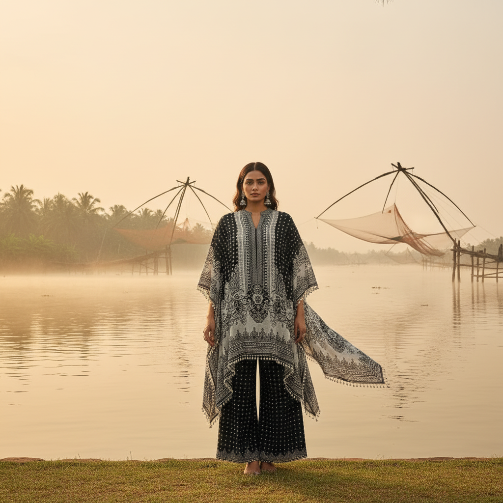 Kuberan Black & White Printed Kaftan Set