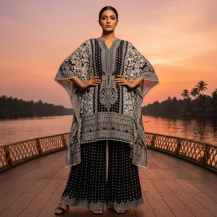 Kuberan Black & White Printed Kaftan Set