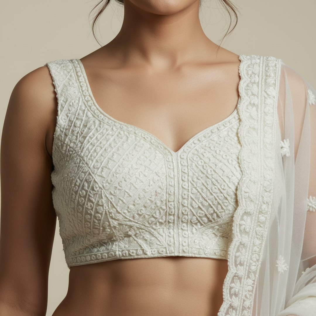 Kuberan UNSTITCHED White Embroidered Net Lehenga