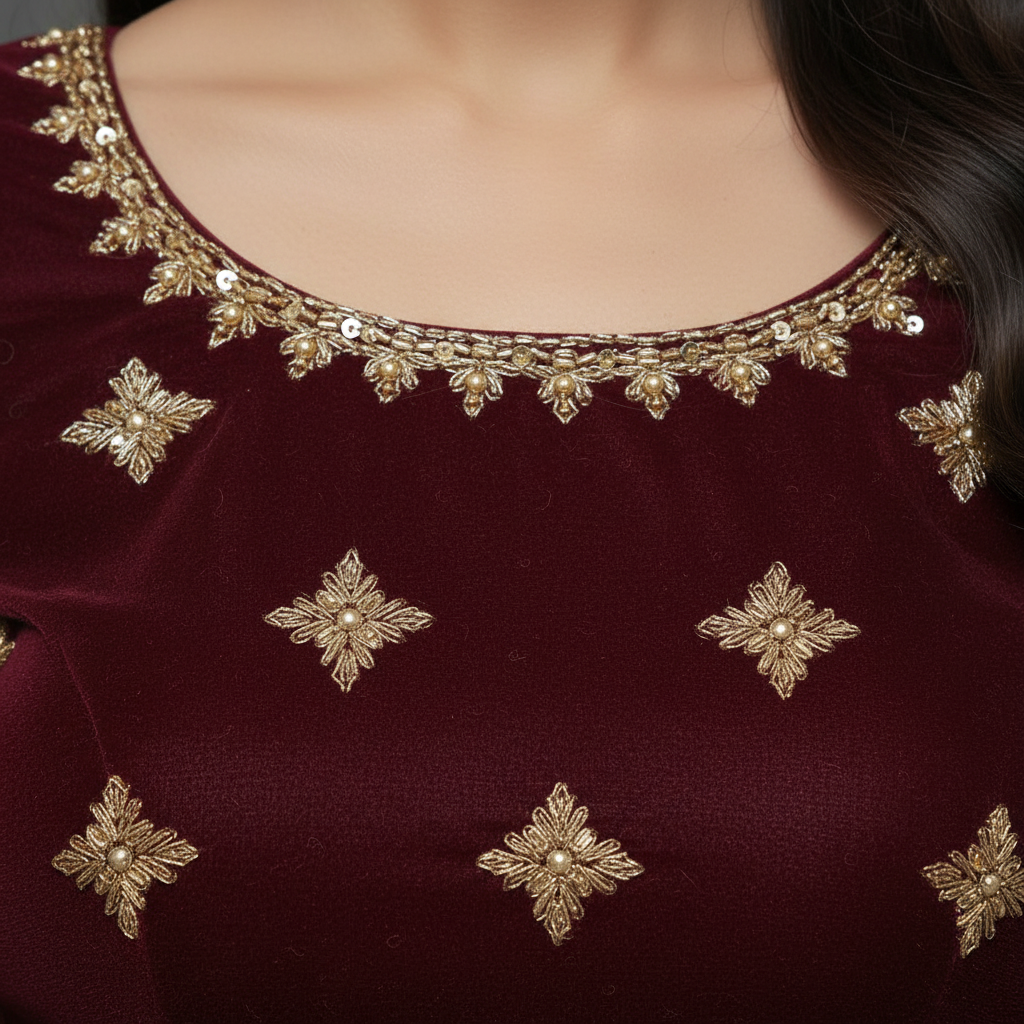 KUBERAN MAROON UNSTITCHED VELVET LEHENGA