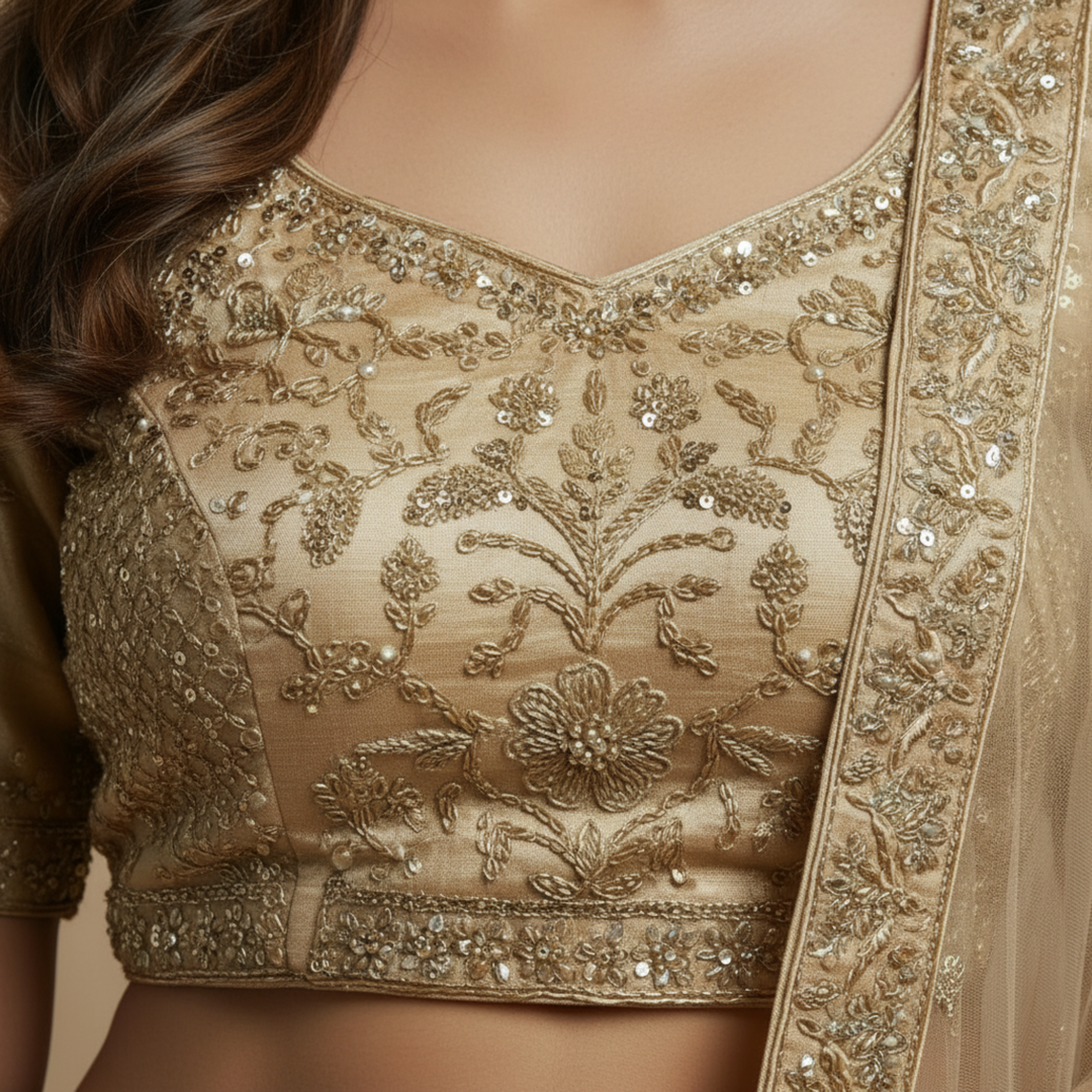 Kuberan Golden unstitched Embroidered Net Lehenga