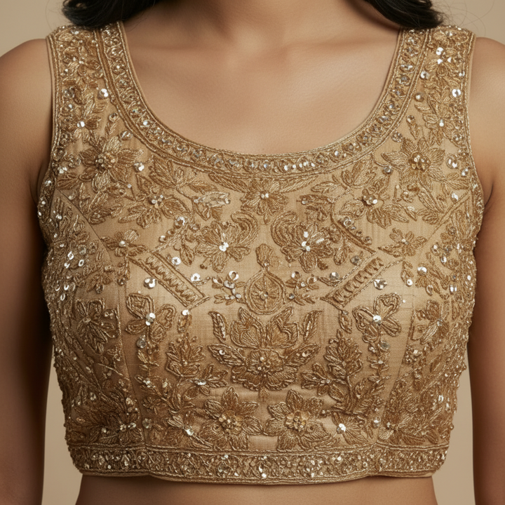 Kuberan Golden Beige Unstitched Embroidered Net Lehenga