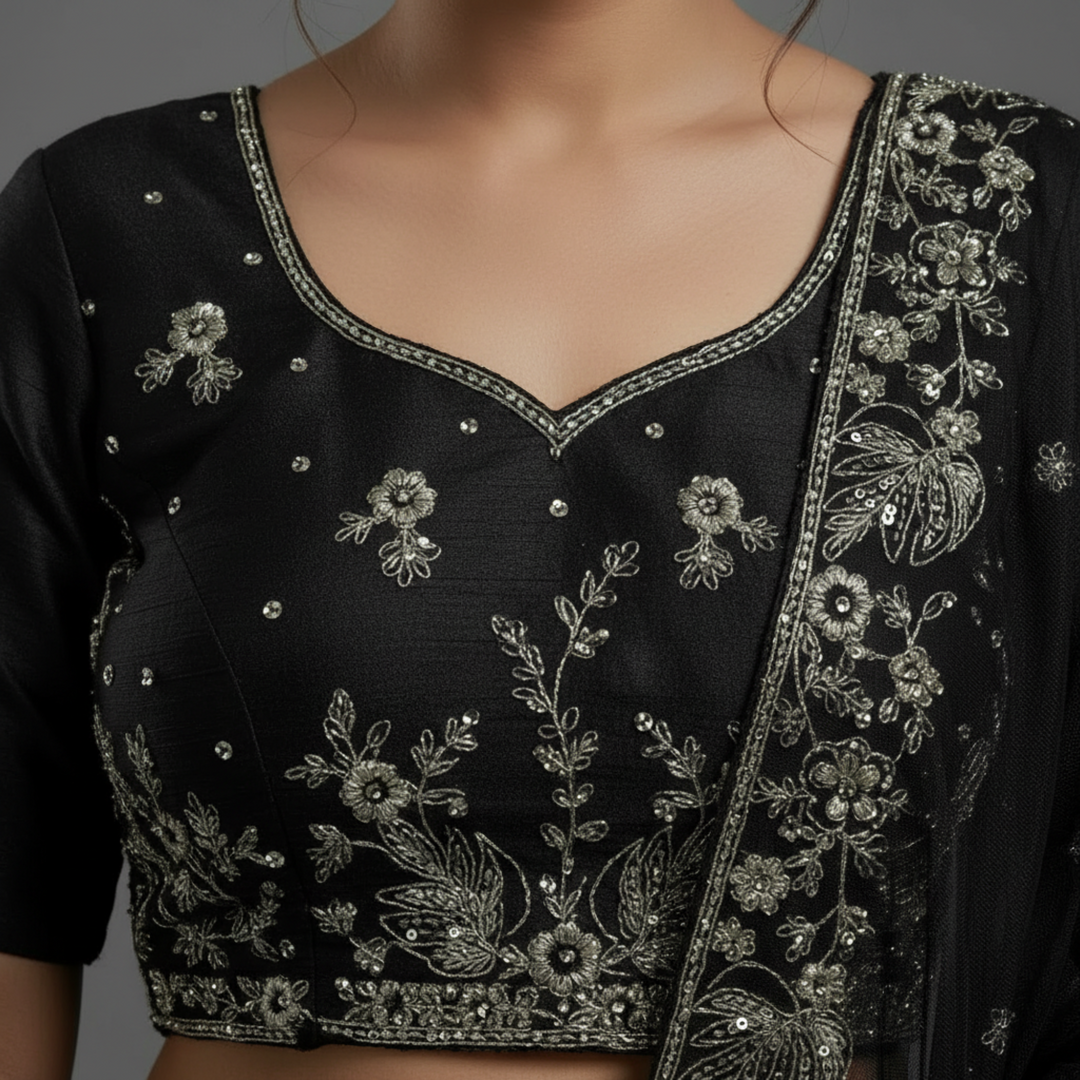 Kuberan unstitched Black Embroidered Net Lehenga