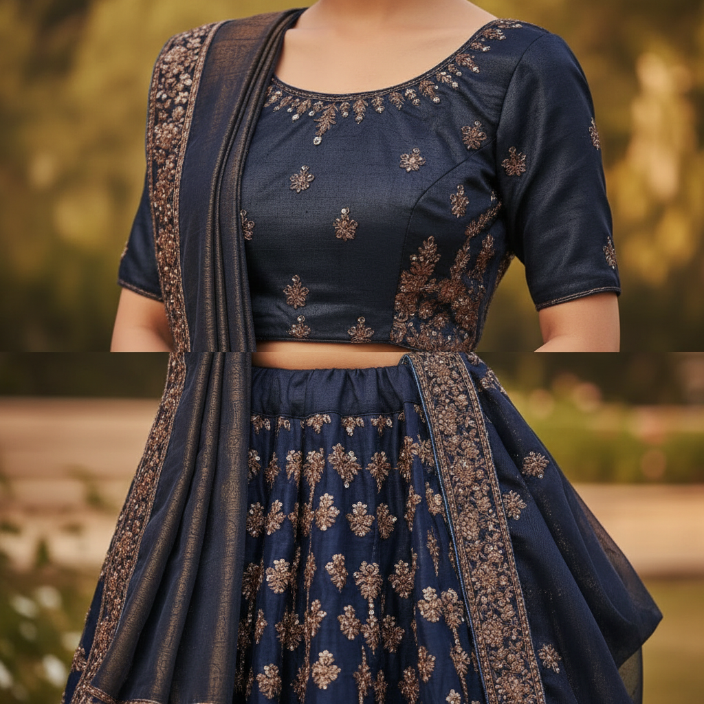 Kuberan Navy Blue & Copper Embroidered Lehenga semi stitched