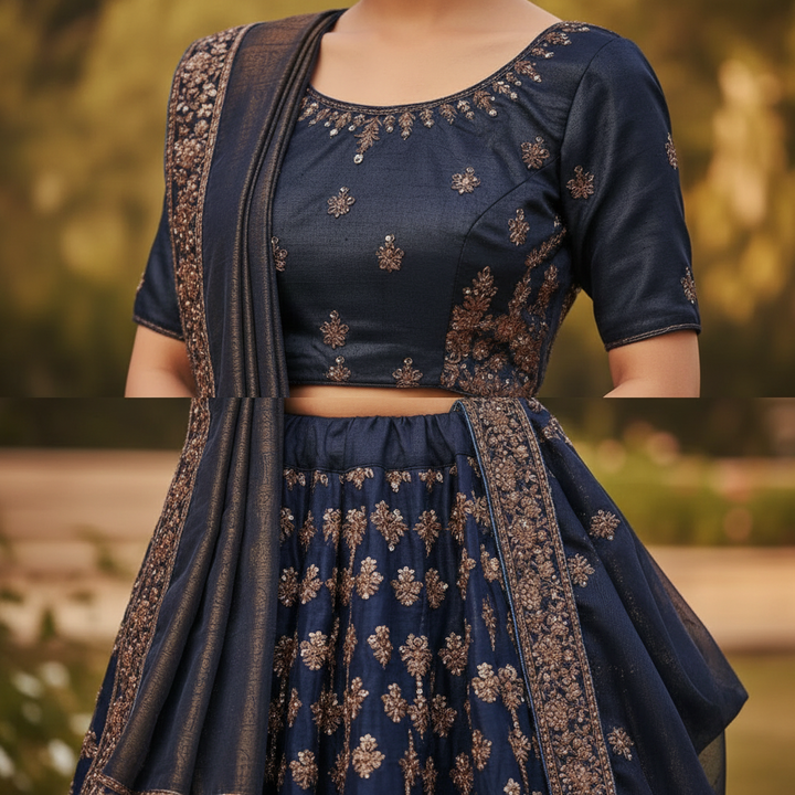 Kuberan Navy Blue & Copper Embroidered Lehenga semi stitched