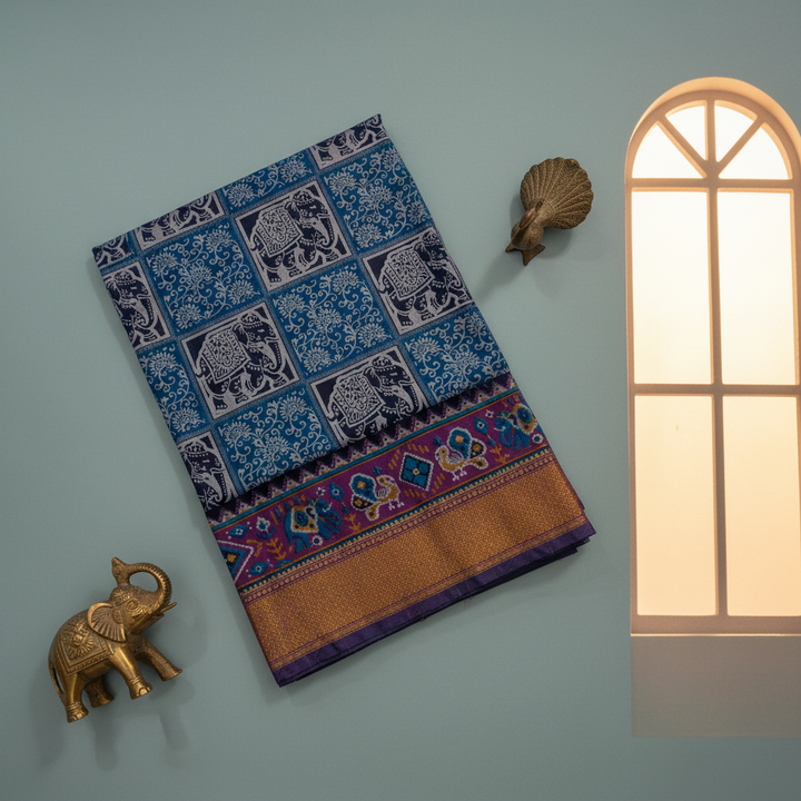 KUBERAN BLUE ELEPHANT SEMI POCHAMPALLY SILK SAREE