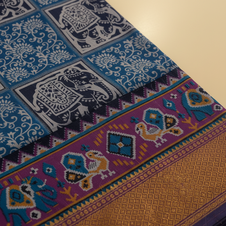 KUBERAN BLUE ELEPHANT SEMI POCHAMPALLY SILK SAREE