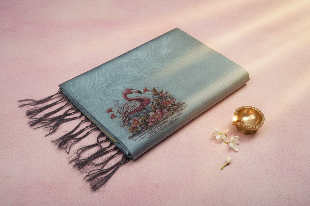 Blue flamingo saree with light effects and shadows