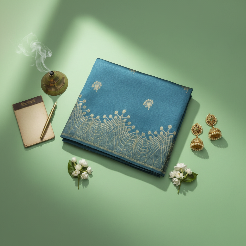 Blue silk saree with silver zari embroidery