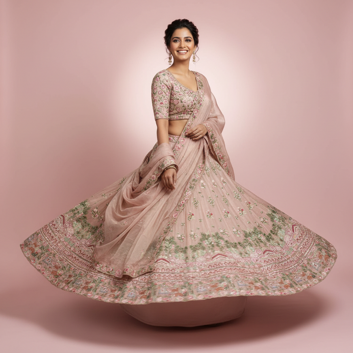 Kuberan Blush Pink Bridal Lehenga Set with Mughal Embroidery