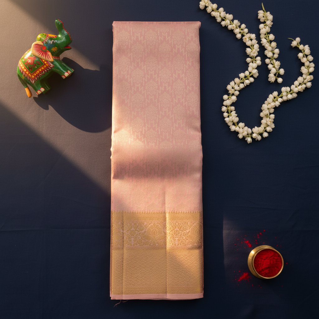 Blush pink Kanchipuram silk saree flat lay with jasmine garland, Channapatna elephant and kumkum