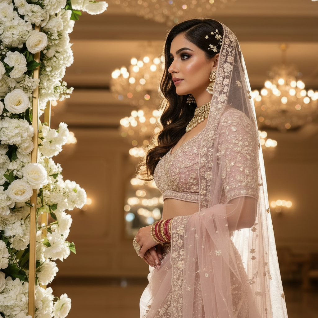 Kuberan Blush Pink Pearl Embroidered Bridal Lehenga Semi Stitched