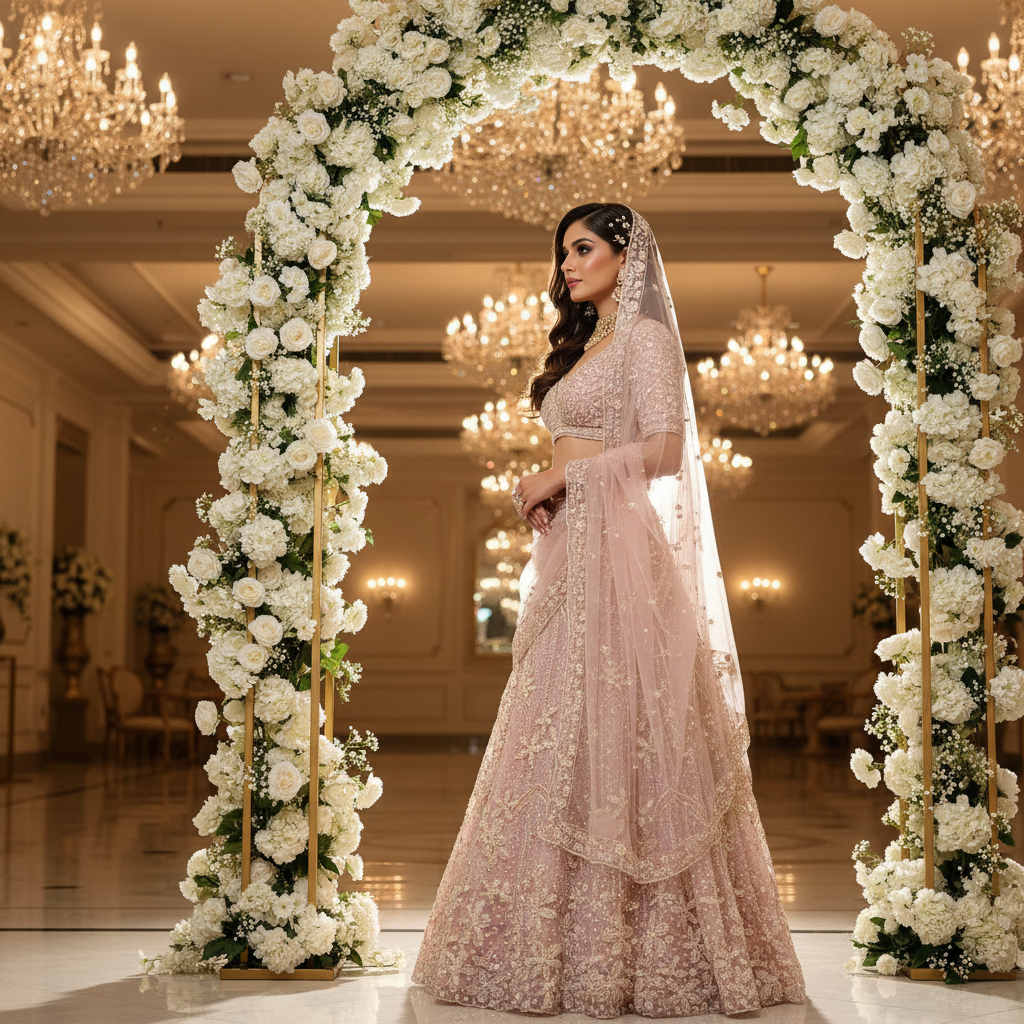 Kuberan Blush Pink Pearl Embroidered Bridal Lehenga Semi Stitched