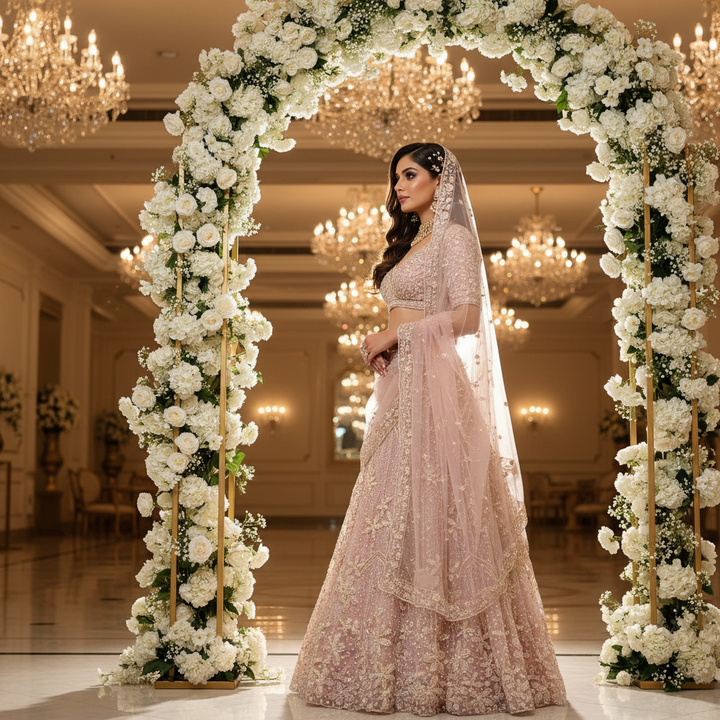 Kuberan Blush Pink Pearl Embroidered Bridal Lehenga Semi Stitched