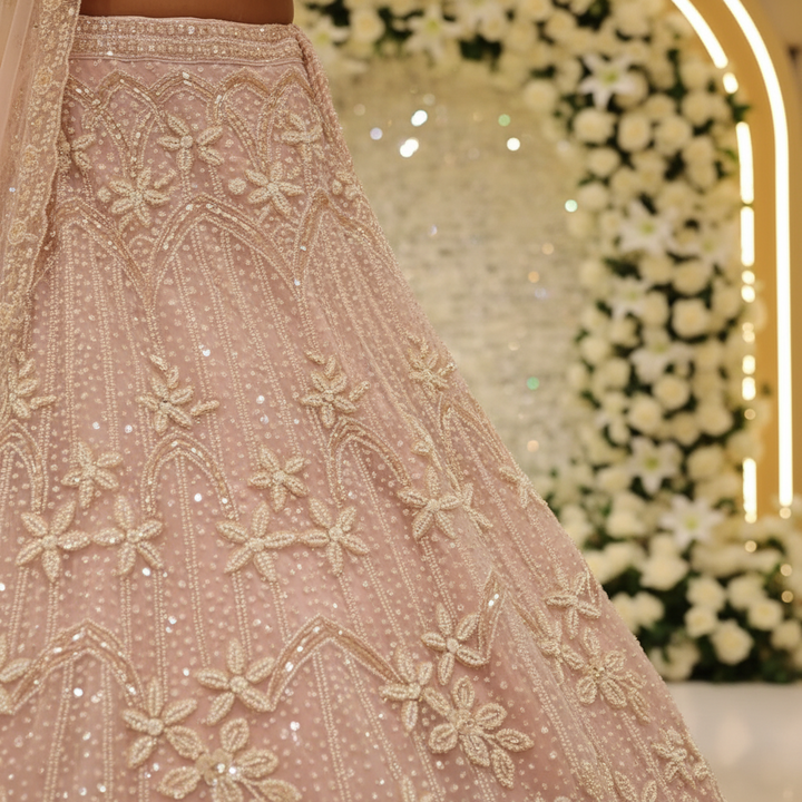 Kuberan Blush Pink Pearl Embroidered Bridal Lehenga Semi Stitched