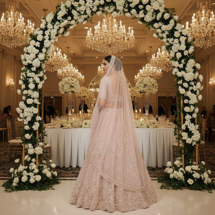 Kuberan Blush Pink Pearl Embroidered Bridal Lehenga Semi Stitched
