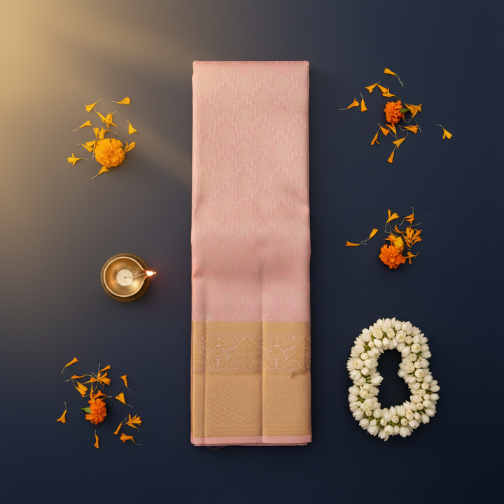 Blush pink Kanchipuram silk saree flat lay with diya, marigold flowers and jasmine garland