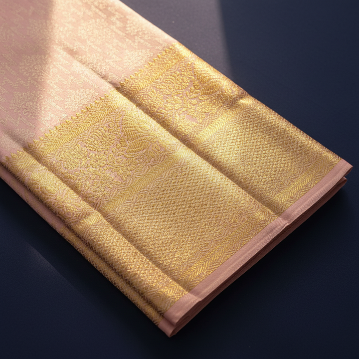 Blush pink Kanchipuram silk saree border and gold tissue pallu close-up