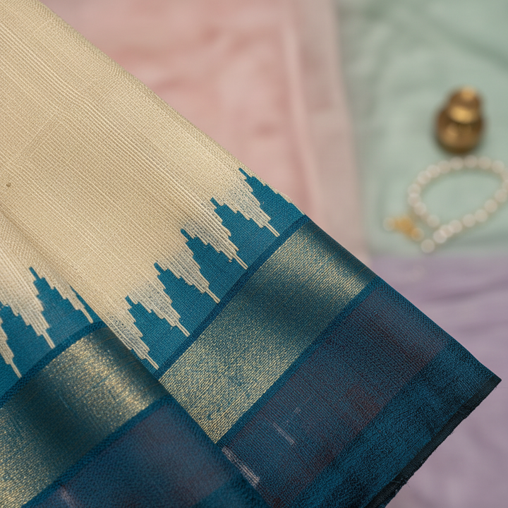 KUBERAN IVORY BLUE TUSSAR SILK SAREE