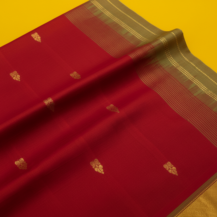 Kuberan Crimson Red Cotton Silk Saree with Gold Butta & Olive Gold Zari Border