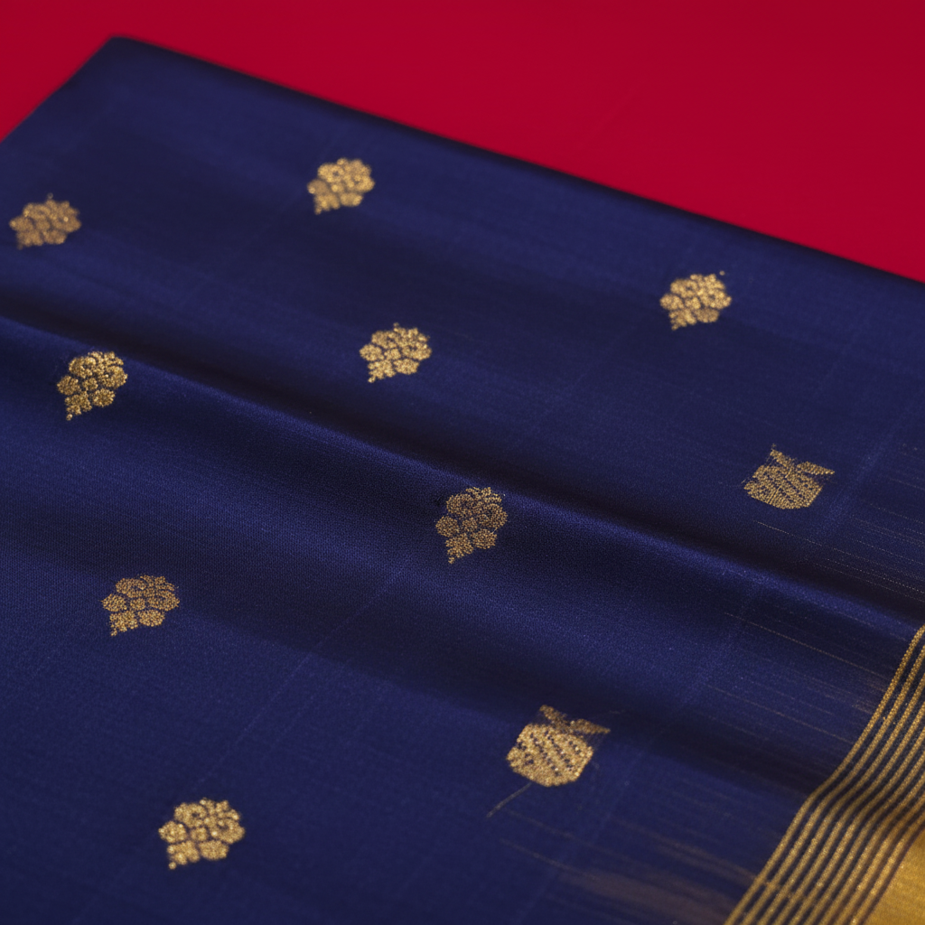 Kuberan Navy Blue Cotton Silk Saree with Gold Butta & Broad Mustard Zari Border