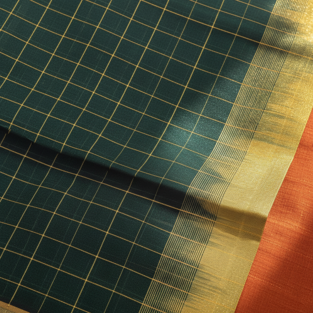 kuberan Forest Green Cotton Silk Saree with Gold Checks & Multicolour Ikat border