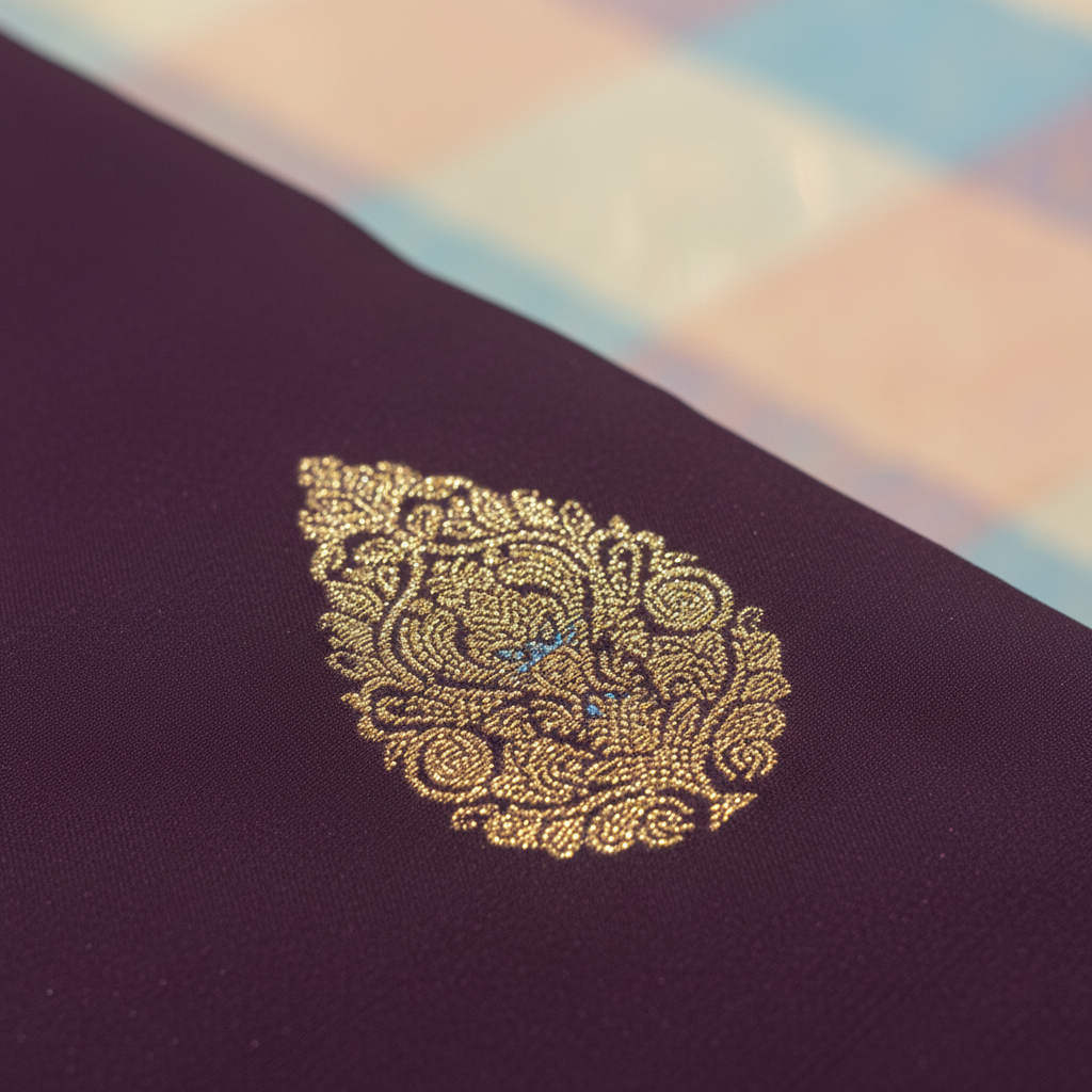 KUBERAN DEEP PURPLE WITH TEAL BLUE GOLD PURE SILK SAREE