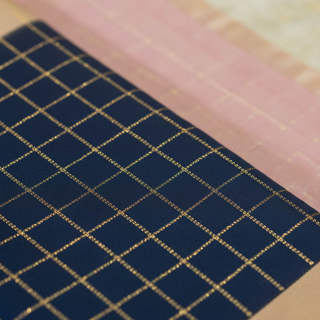 KUBERAN NAVY BLUE CHECKS WITH GOLDEN PEACH PURE SILK SAREE
