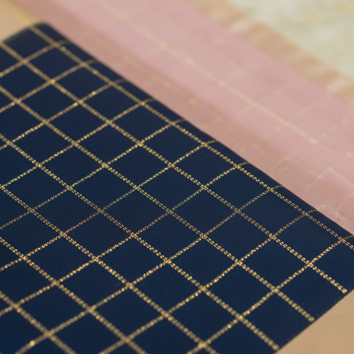 KUBERAN NAVY BLUE CHECKS WITH GOLDEN PEACH PURE SILK SAREE
