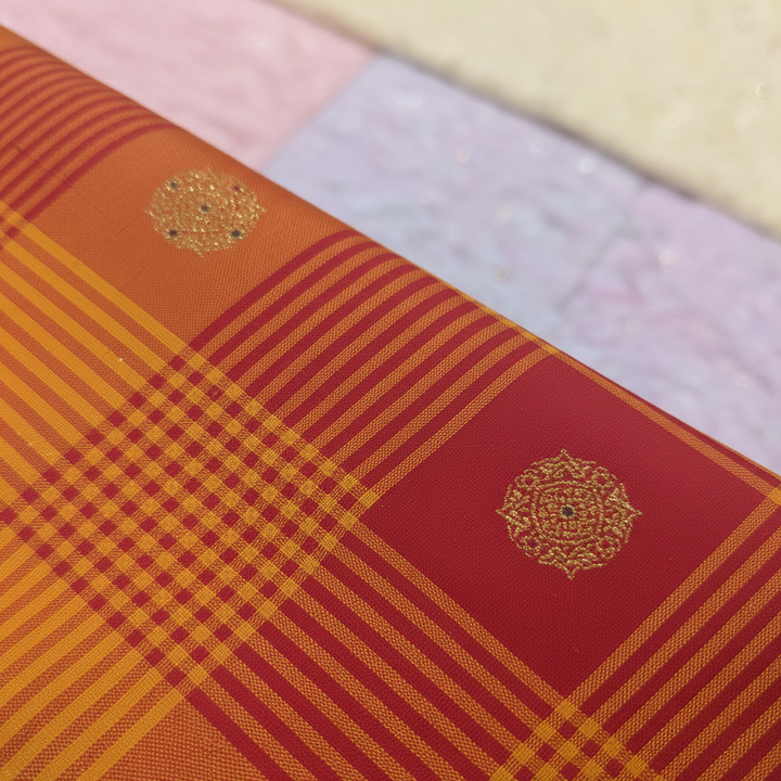 KUBERAN ORANGE RED CHECKS WITH PURPLE PURE KANCHIPURAM SILK SAREE