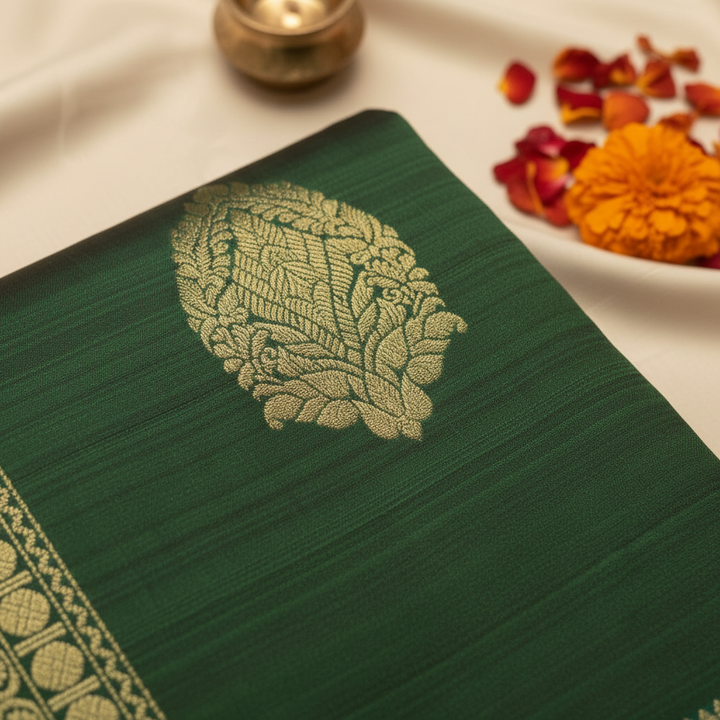 Kuberan Green Kanchipuram Silk Saree with Golden Peacock Motif