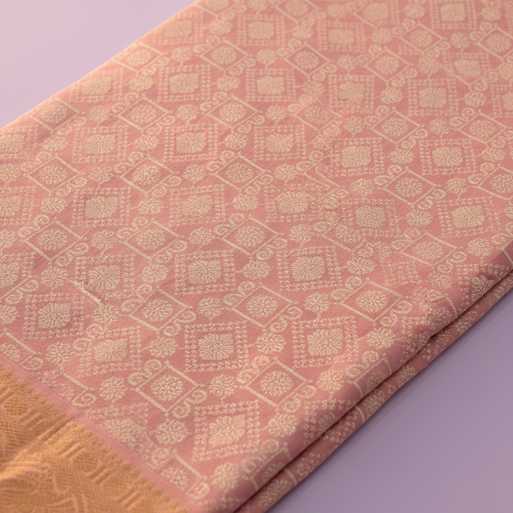 Dusty rose Kanchipuram silk saree body with geometric diamond and floral gold zari jaal close-up