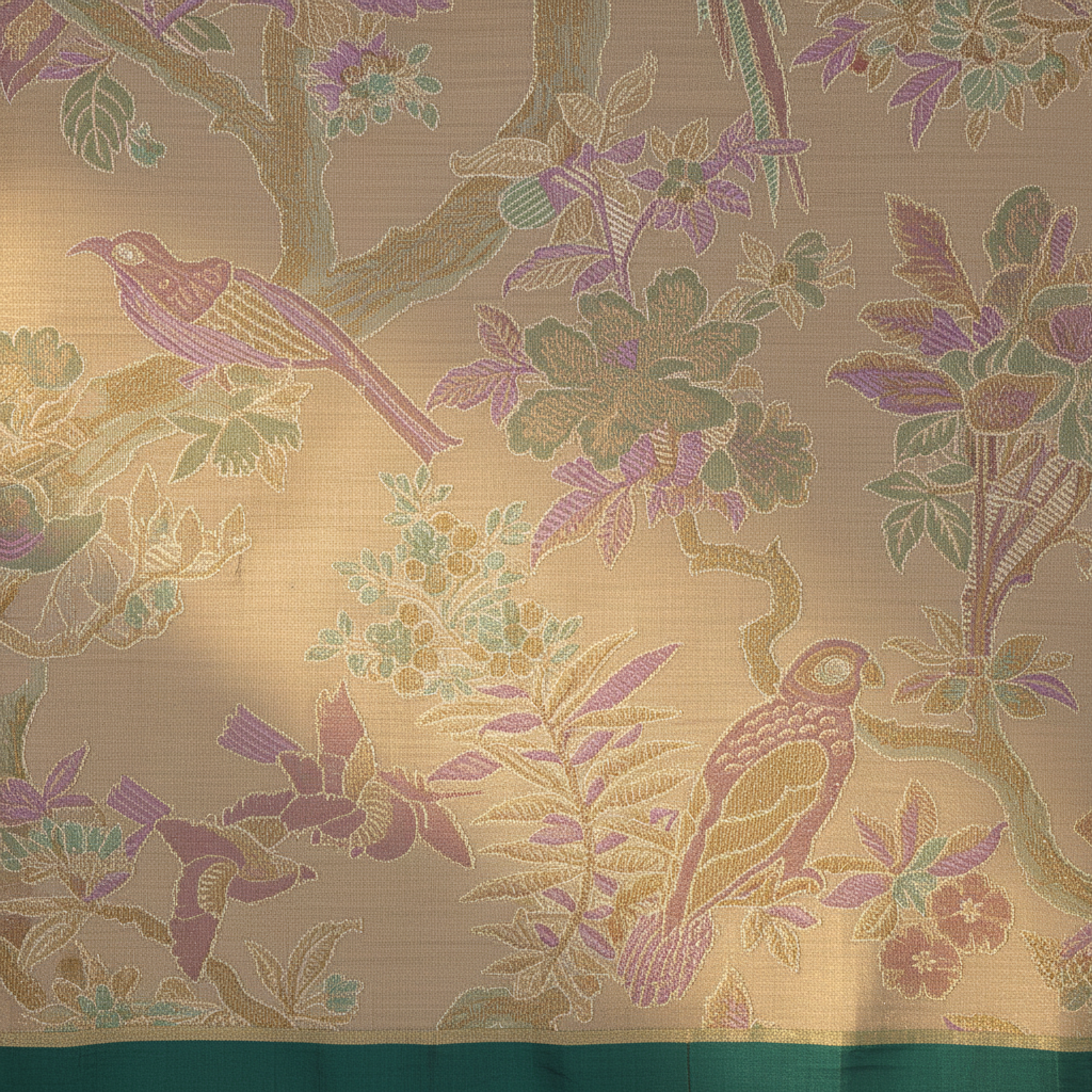 Kuberan Beige Birds Kanchipuram Silk Saree with Green Border