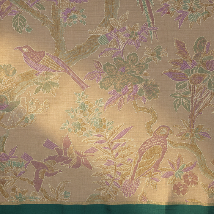 Kuberan Beige Birds Kanchipuram Silk Saree with Green Border