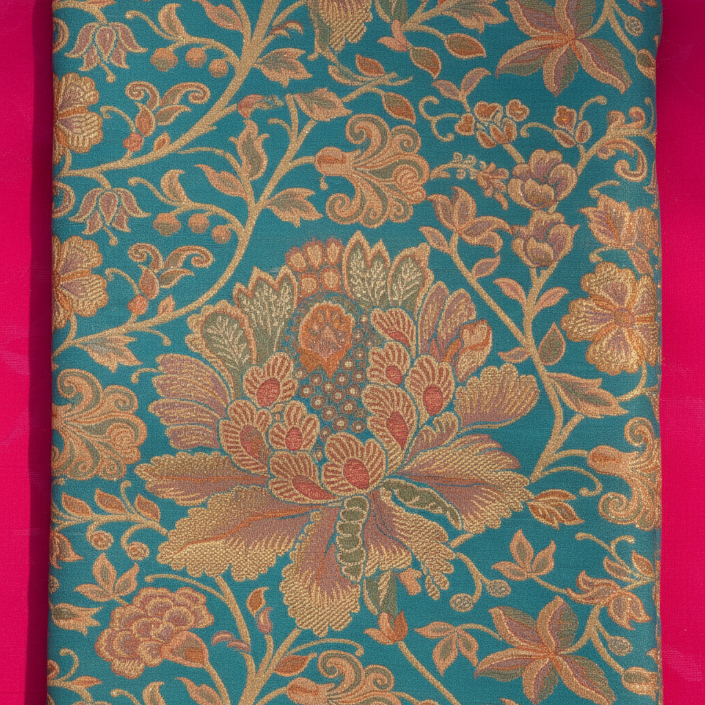 Kuberan Turquoise Kanchipuram Silk Saree with Gold Zari Floral Vine border