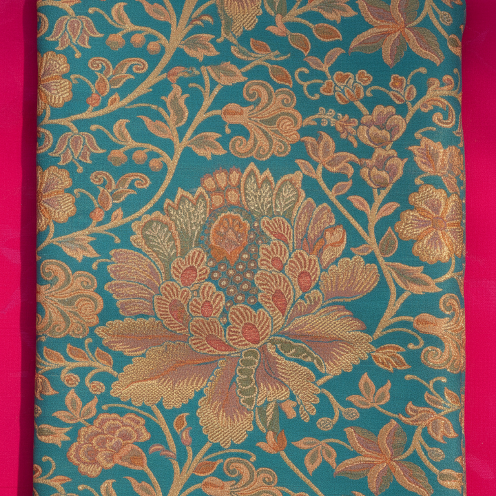 Kuberan Turquoise Kanchipuram Silk Saree with Gold Zari Floral Vine border