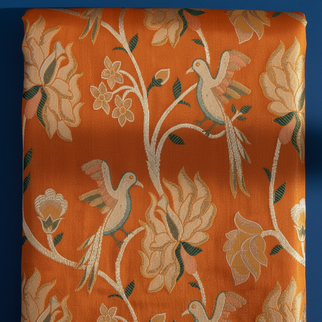 Kuberan Burnt Orange Kanchipuram Silk Saree with White Dove & Floral Vine Weave
