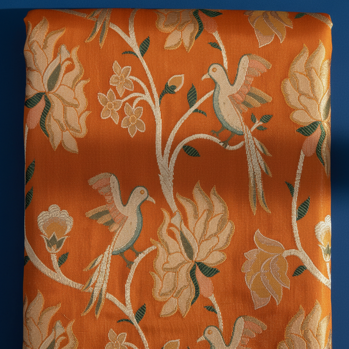 Kuberan Burnt Orange Kanchipuram Silk Saree with White Dove & Floral Vine Weave