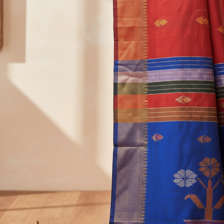 KUBERAN RED WITH BLUE BISHNUPURI SOFT SILK SAREE