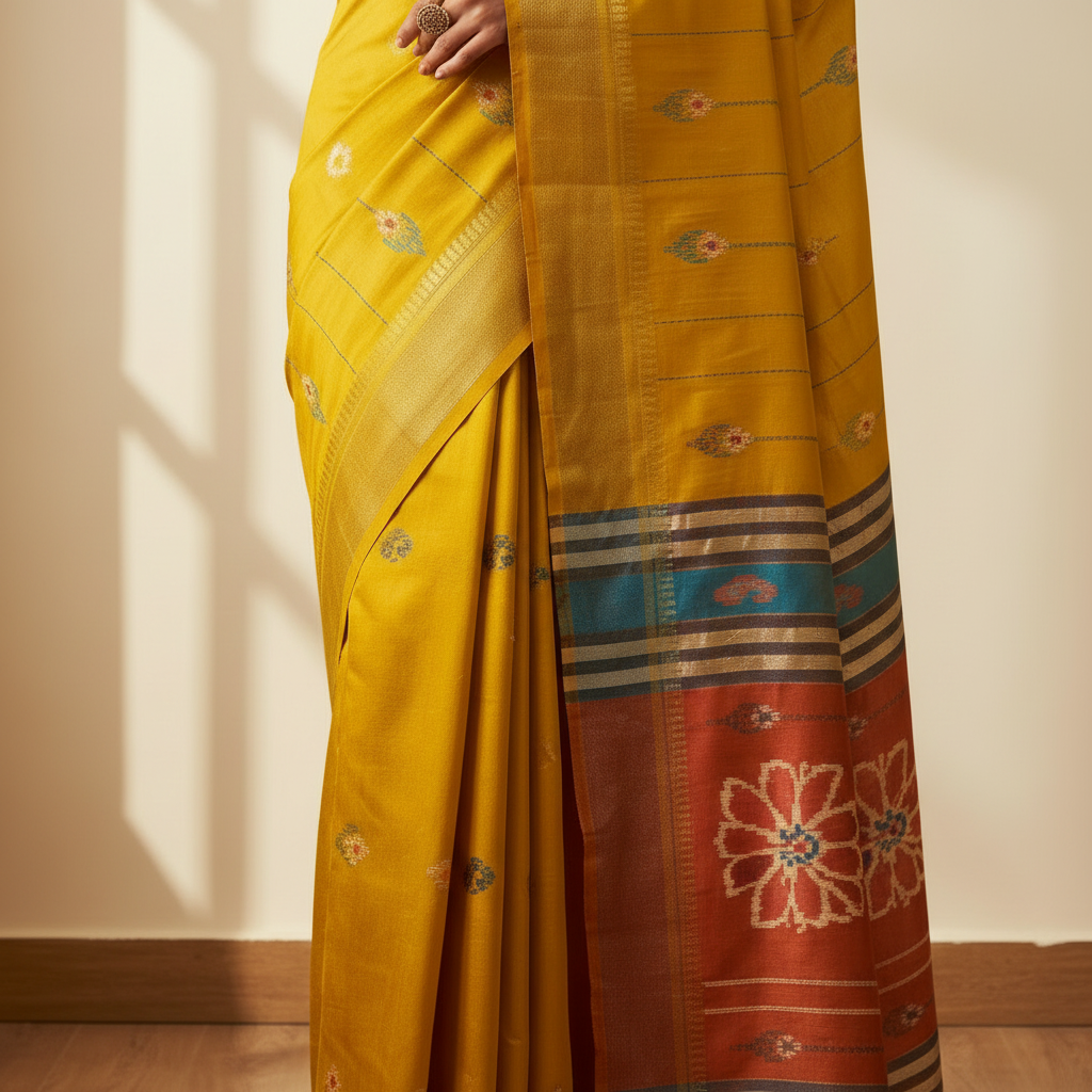 KUBERAN MUSTARD WITH PINK BISHNUPURI SOFT SILK SAREE